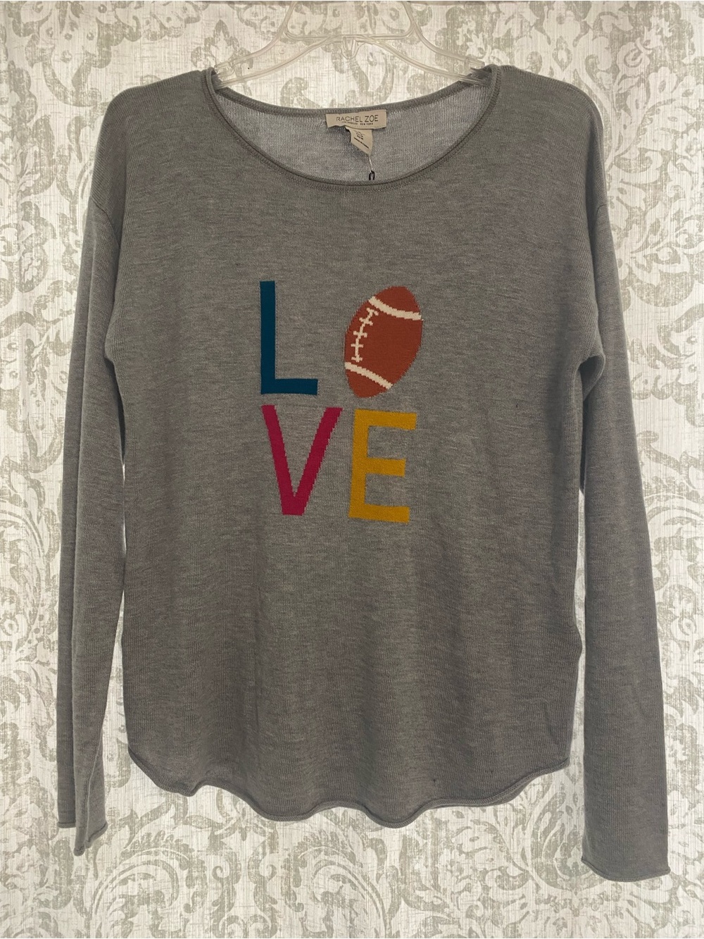 Rachel Zoe Cashmere Blend Graphic Love Football Preppy Sporty Sweater Gray M